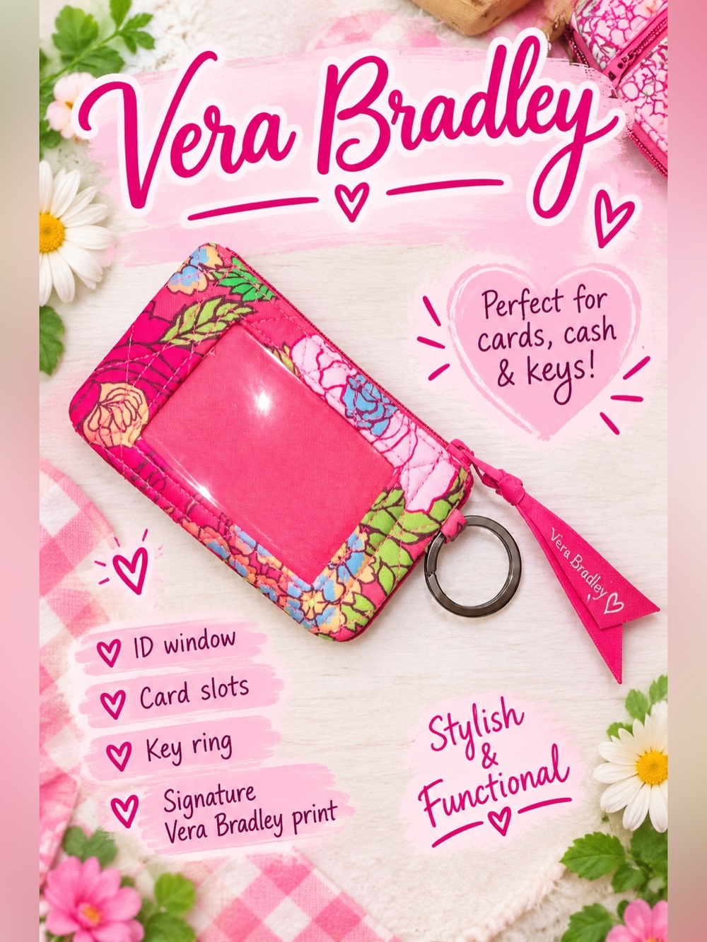 Vera Bradley Hot Pink Floral ID Card Holder with Key Ring